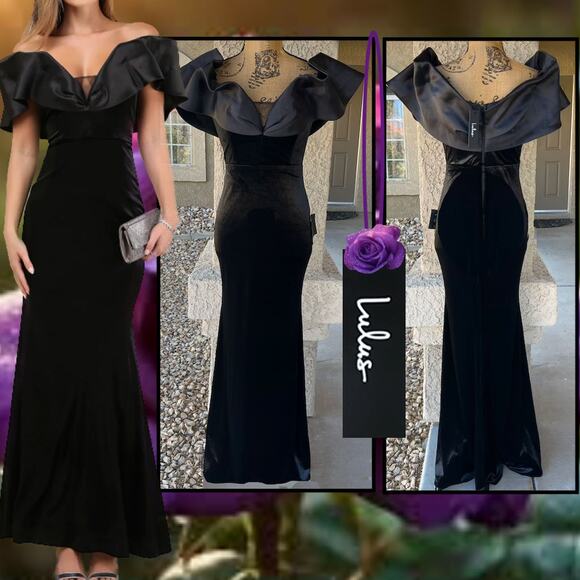 Lulus Black Velvet Off-The-Shoulder Coveted Luxury  Maxi Dress Size M - Picture 1 of 10